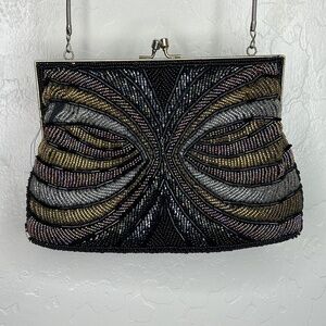 Vintage La Regale Beaded Black Crossbody Bag Evening Purse Chain Strap Handmade